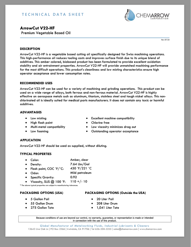 V22HF-55 ARROWCUT CUTTING OIL 55GAL (GROUND SHIPPING ONLY) CHEM ARROW