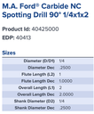 40413 .2500 DIA 90DEG SPOT DRILL MA FORD EMV