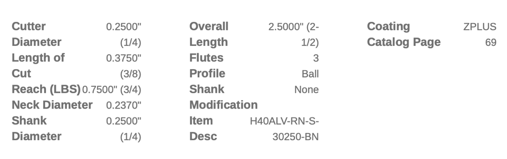 47076 .3750 DIA .5000 LOC X 1.1250 NECK BALL 3FL HELICAL CMV