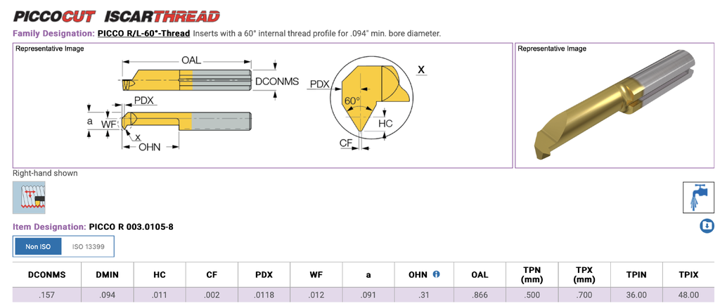 6403941 .094 MIN BORE .310 REACH 60DEG 36-48 TPI .5-.7 ISO ISCAR QTV