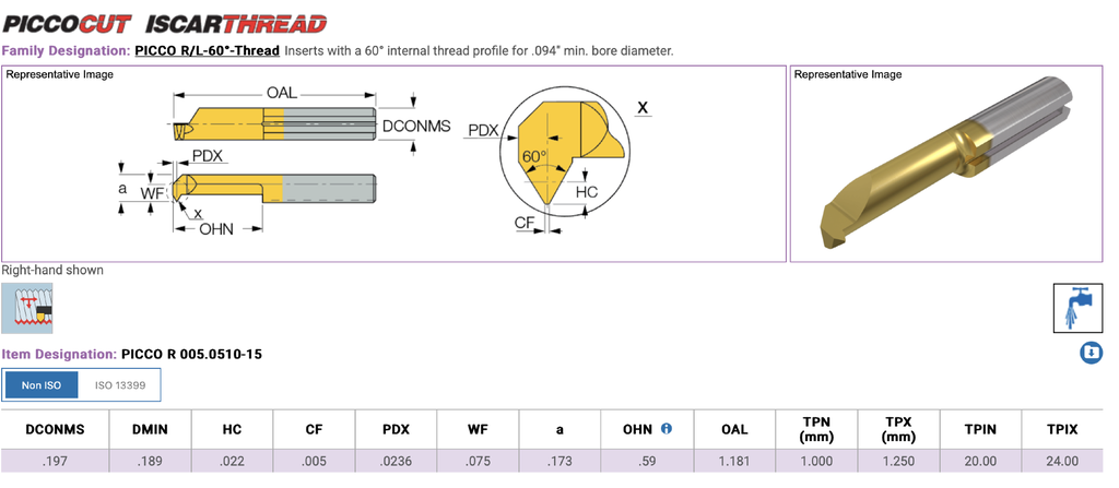 6402436 .189 MIN BORE .590 REACH 60DEG 20-24 TPI 1.00-1.25 ISO ISCAR QTV