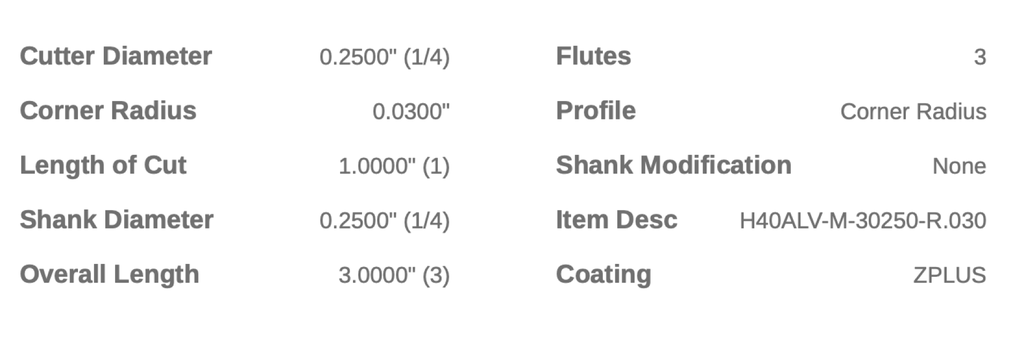 48146 .2500 DIA 1.0000 LOC .030CR 3FL HELICAL CMV
