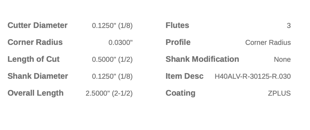 81424 .1250 DIA .5000 LOC .030CR 3FL HELICAL CMV
