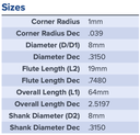 13111 .3150 DIA (8MM) .7480 LOC (19MM) .039CR